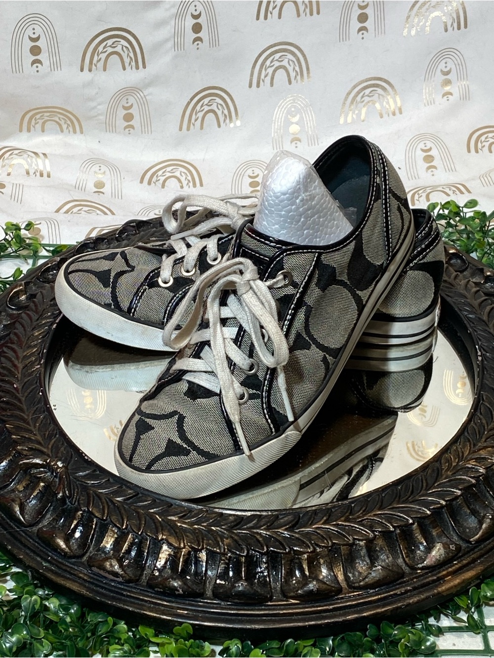 Coach Beige and Black Signature Canvas Sneakers